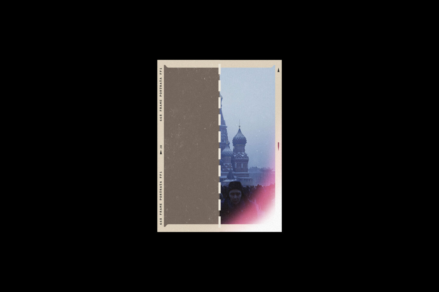 Vintage film strip with abstract architecture overlay, featuring bold colors and textures. Ideal for graphic designers seeking authentic retro mockup assets.
