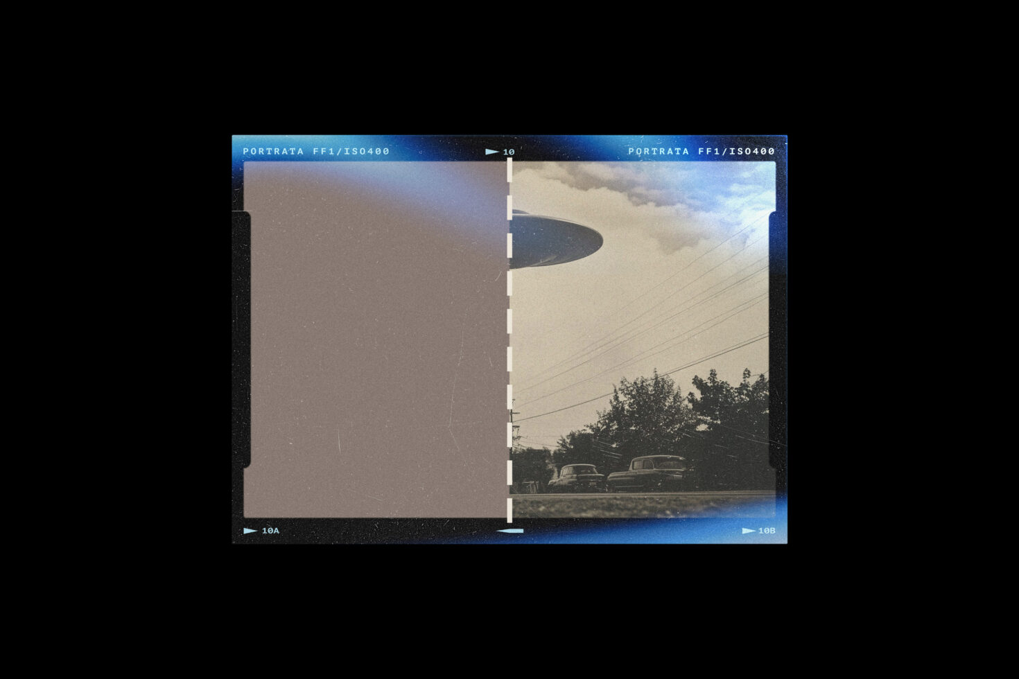 Film contact sheet showing split image of UFO over rural landscape with vintage cars