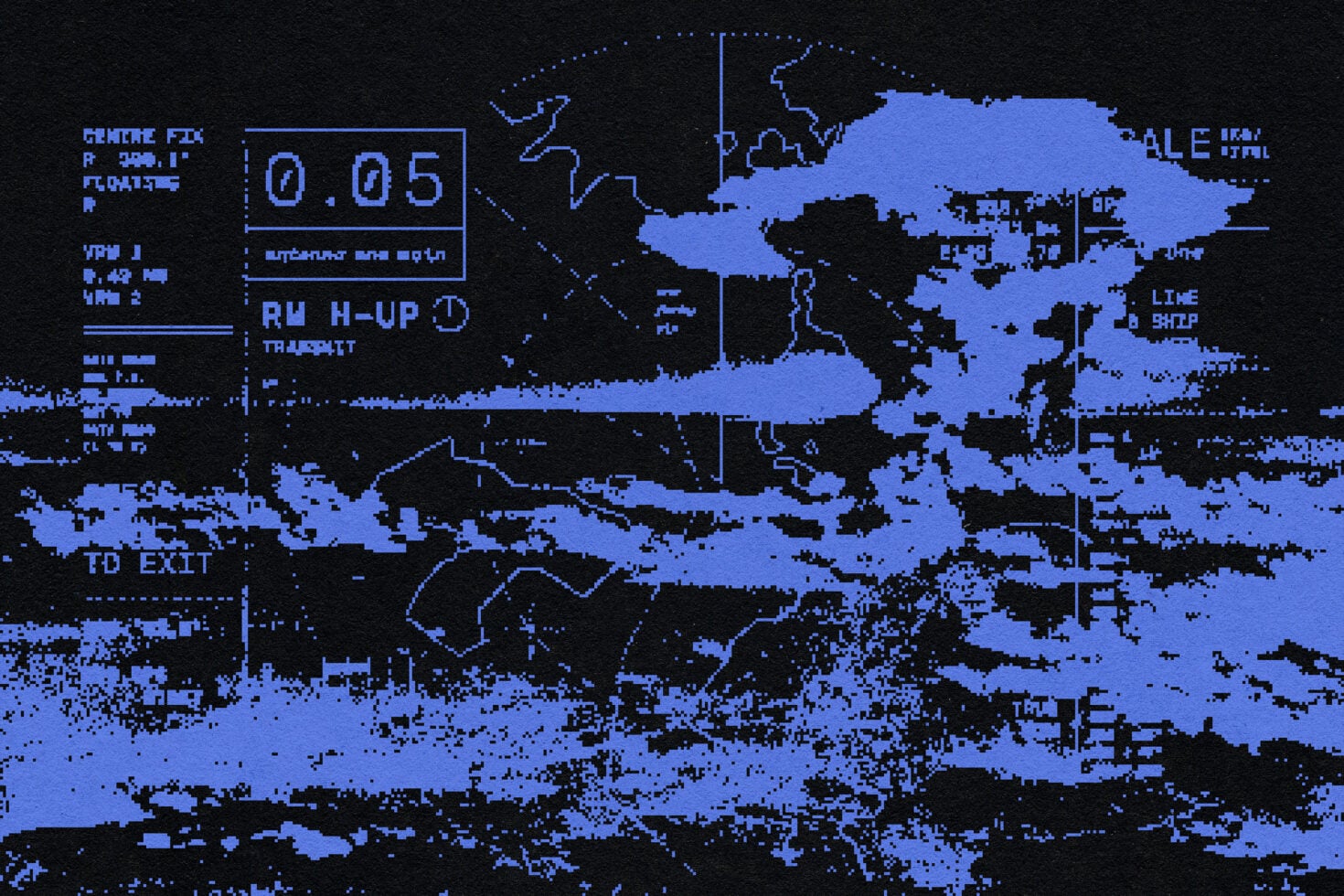 Retro radar screen with blue landmasses, glitchy interface overlays in bright cyan