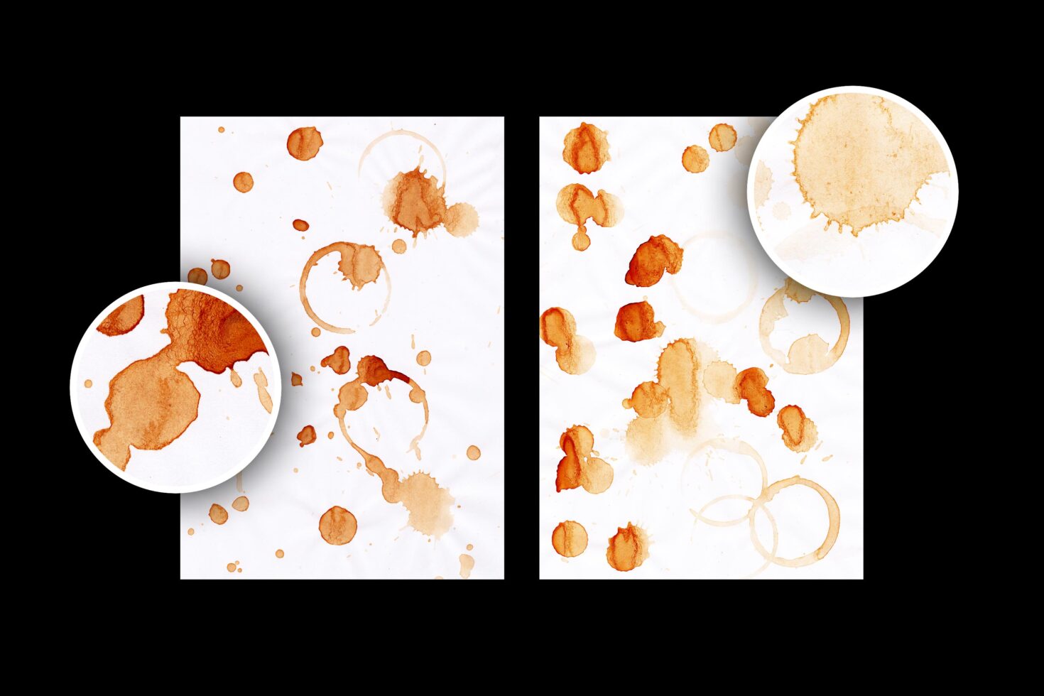 Coffee stain textures on white paper background for design projects. Ideal for mockups, graphic design, templates, and creative digital assets.