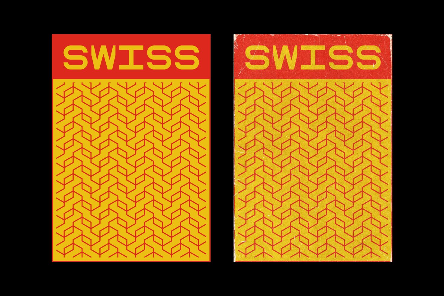 Bold geometric pattern design in yellow and red labeled Swiss. Ideal for graphic templates, offering a modern, retro aesthetic for designers.