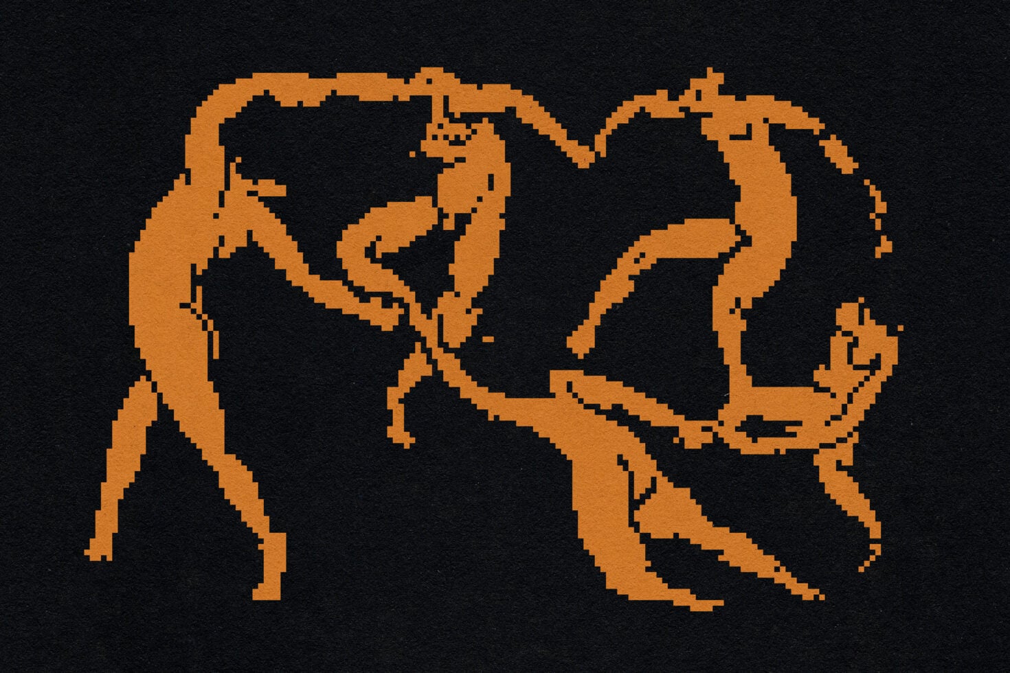 Orange pixelated silhouettes of figures in dynamic poses against dark background