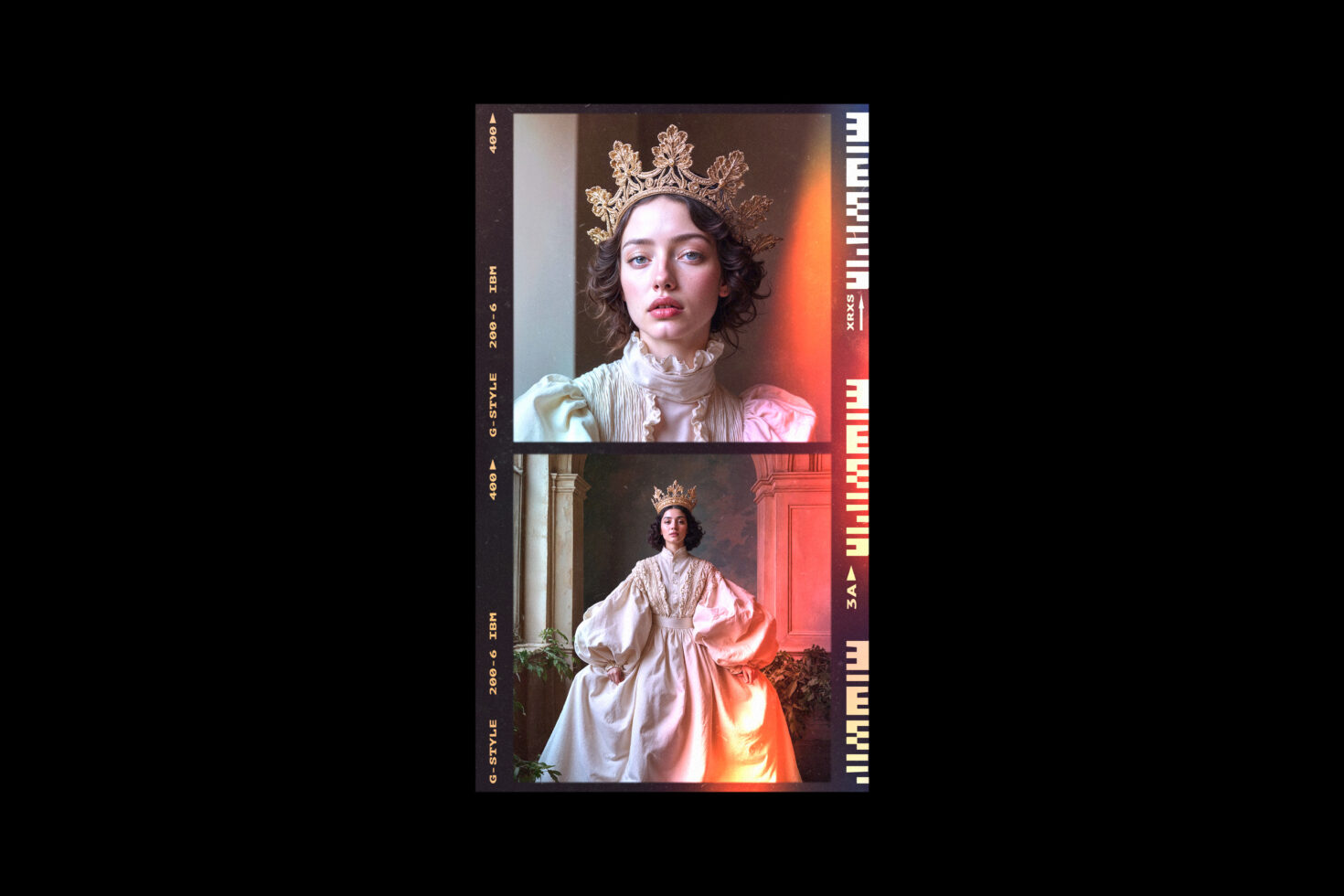 Elegant royal-themed photography mockup featuring a woman in a crown and vintage gown. Ideal for designers seeking baroque style inspiration and graphics.
