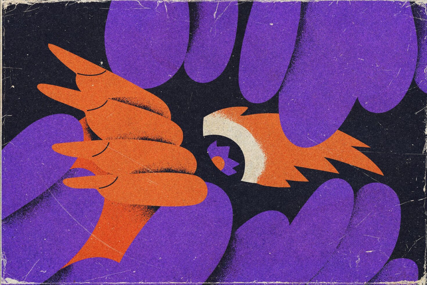 Bold abstract graphic with orange and purple shapes and distressed texture perfect for digital design projects templates and creative backgrounds.