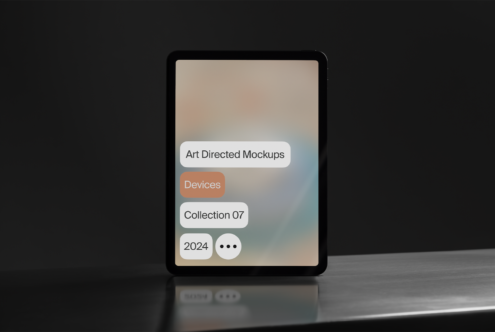 Tablet screen displaying art directed mockups. Text reads Art Directed Mockups, Devices, Collection 07, 2024. Ideal for design presentations.