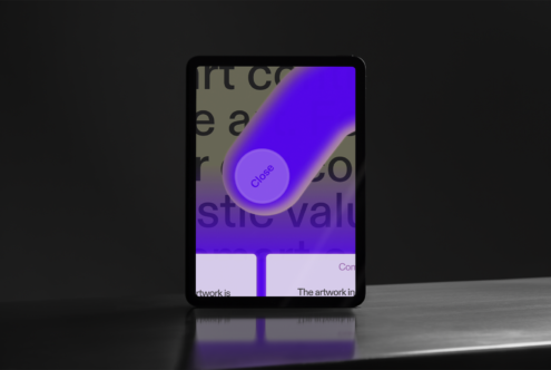 A digital tablet mockup featuring a neon gradient UI design with a close button on a dark background. Ideal for app design presentations and showcases.