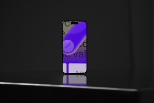 Smartphone mockup featuring abstract design in purple and gray tones. Perfect for showcasing app UI or graphic elements. Ideal for designers.