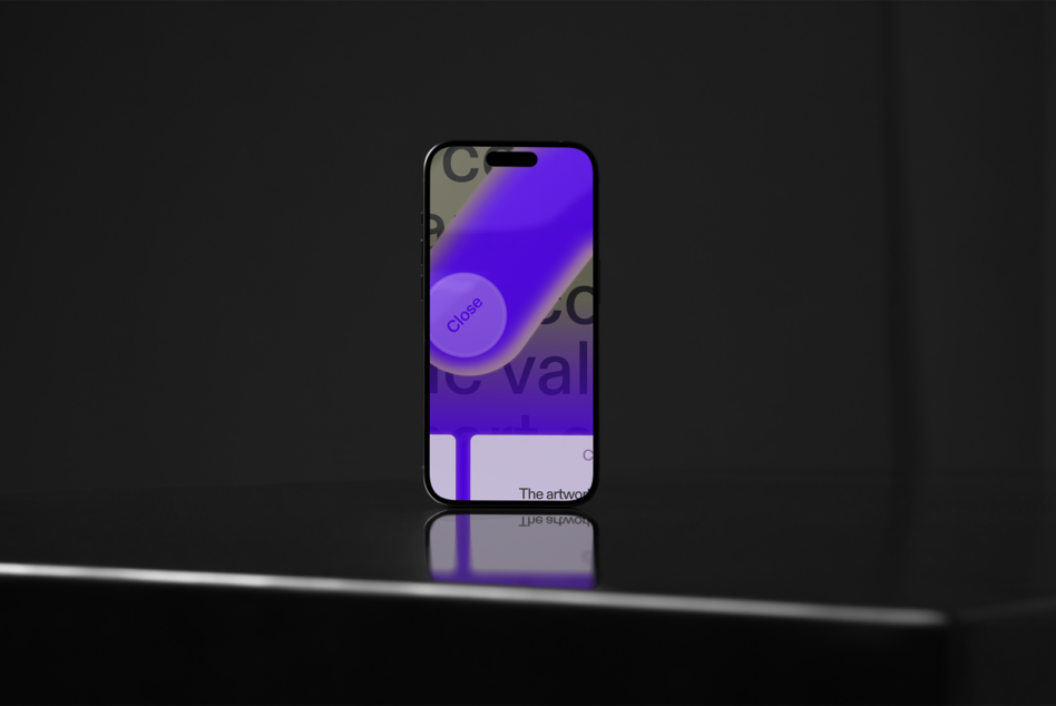 iPhone mockup with vibrant purple gradient screen in dark studio setting