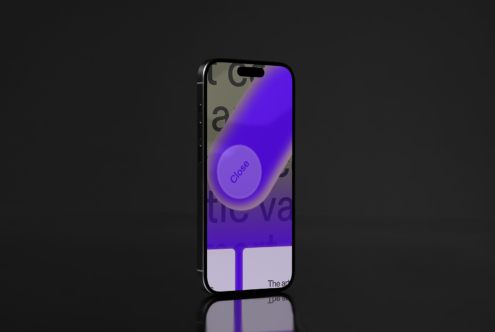 Modern smartphone mockup with UI design, featuring bold fonts and a vibrant purple gradient. Ideal for app design presentations and digital interfaces.