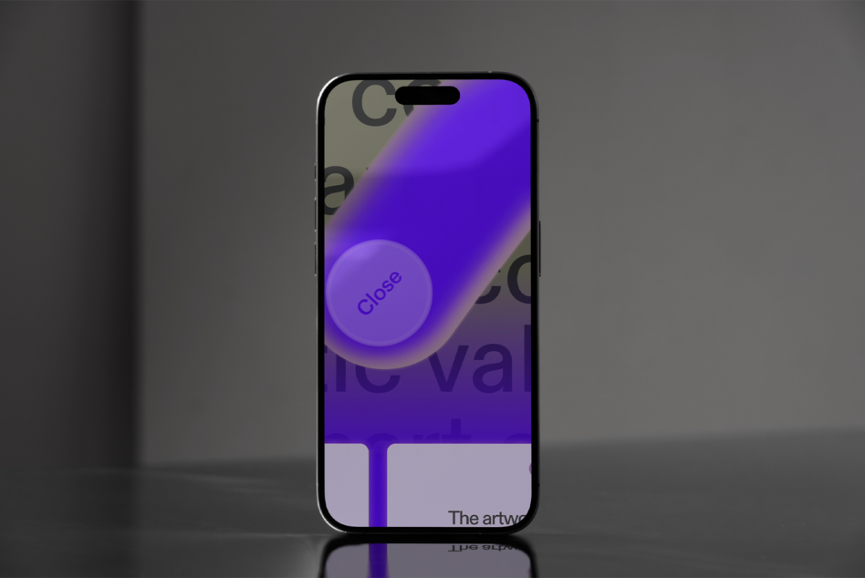 iPhone standing upright showing purple gradient close button design