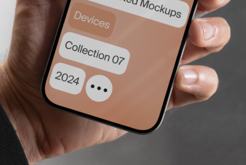Person holding smartphone displaying a minimalistic mockup interface with collection tags Devices Collection 07 2024 sleek design for designers templates