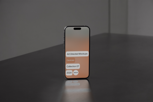 Smartphone mockup featuring UI for Art Directed Mockups Collection 07 on a sleek surface. Ideal for designers creating digital device displays 2024