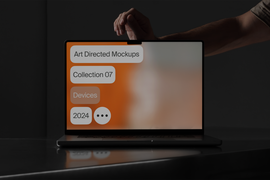 Laptop screen showing orange side panel with rounded text labels for Art Directed Mockups Collection 07 Devices 2024