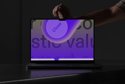 Laptop with vibrant purple gradient screen showcasing graphics, modern design mockup, hand interacting with UI elements, perfect for designers.