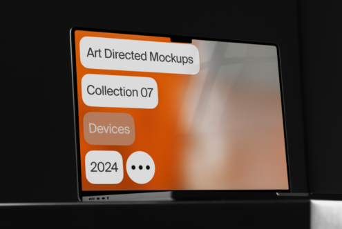 Laptop screen mockup with minimal design in orange palette. Text shows Art Directed Mockups Collection 07 Devices 2024. Perfect for designers.