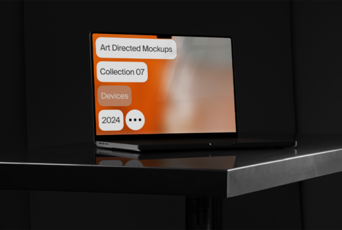 Laptop displaying art directed mockups with orange and white text on screen Collection 07 Devices 2024 ideal for digital product designers mockups