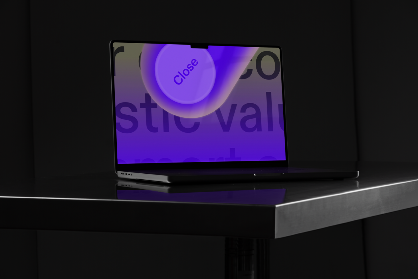 Laptop mockup on dark table displaying graphic design with purple close button. Ideal for showcasing fonts templates UI design. Suitable for designers.