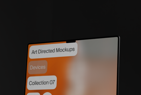 Close-up of a modern digital mockup screen displaying art directed mockups interface in sleek design. Keywords: digital mockup, design template, art direction.