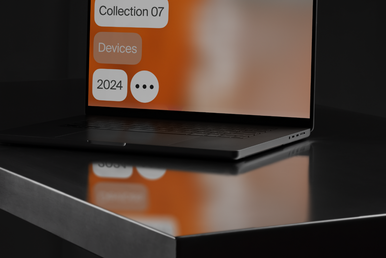 Sleek laptop mockup on a reflective surface with abstract orange display Perfect for showcasing digital design assets Modern tech aesthetic 2024 trends