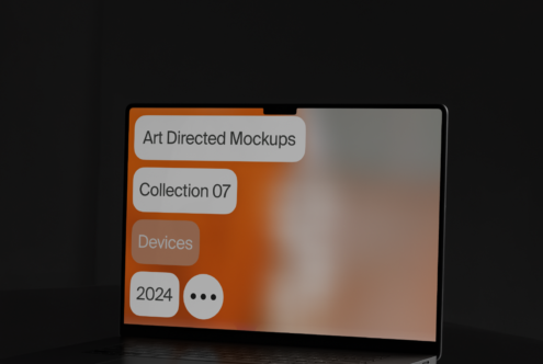 Laptop screen displaying text Art Directed Mockups Collection 07 Devices 2024. Ideal for digital mockup design. Keywords: mockups, devices, design templates.