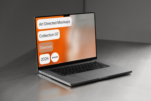 Laptop displaying art directed mockups on screen with orange background. Perfect for mockup templates, device presentations, digital assets, 2024 designs.