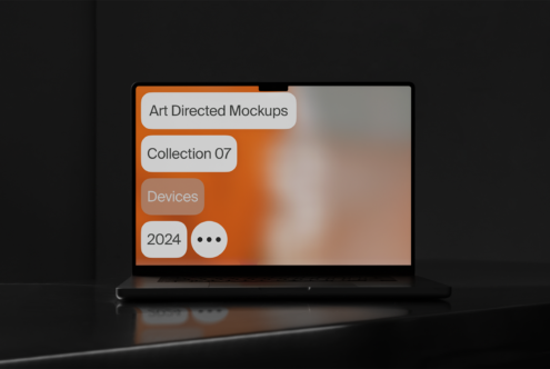 Laptop displaying art-directed mockups for digital design assets collection 07. Keywords devices mockups templates designers 2024 digital resources