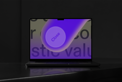 Dark-themed laptop mockup with glowing purple graphic featuring the word Close. Perfect for designers showcasing UI design, tech graphics, or digital art.