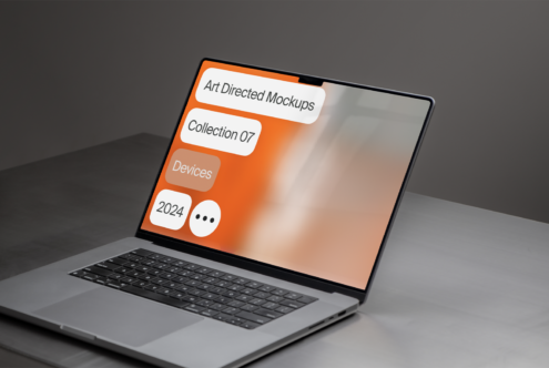Laptop displaying a digital mockup labeled Art Directed Mockups Collection 07 Devices 2024 suitable for designers searching for premium device templates