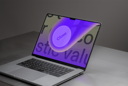 Laptop displaying a modern graphic with gradient button design suitable for digital mockups templates UI UX projects and web design presentations.