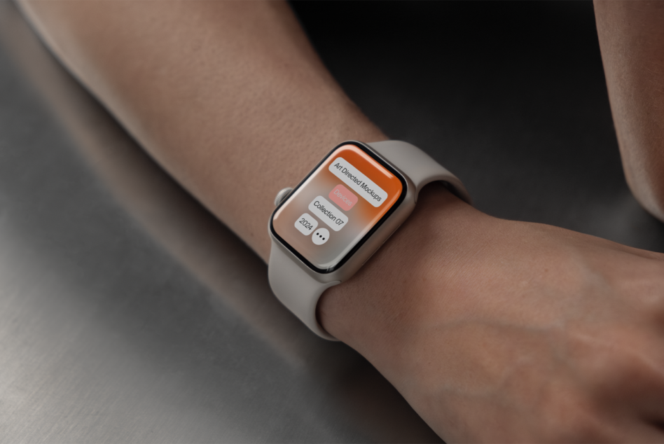 Smartwatch on wrist showing orange gradient menu with text buttons