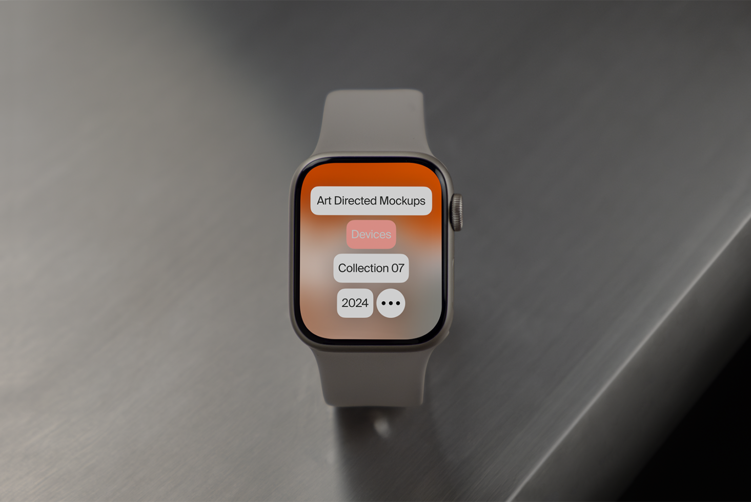 Smartwatch mockup on a sleek surface displaying art directed mockups for designers collection. Keywords: smartwatch mockup design digital assets 2024.