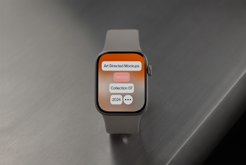 Smartwatch mockup on a sleek surface displaying art directed mockups for designers collection. Keywords: smartwatch mockup design digital assets 2024.