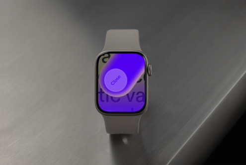 Smartwatch mockup on metal surface showcasing vibrant app design with purple hues and circular elements ideal for UX UI designers and digital asset marketplaces
