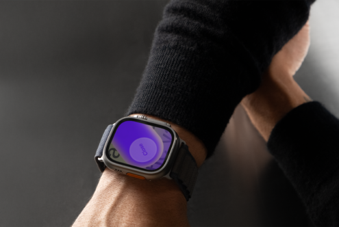 Smartwatch on wrist with customizable display showing a purple widget ideal for digital mockups wearable design technology UI UX inspiration designers