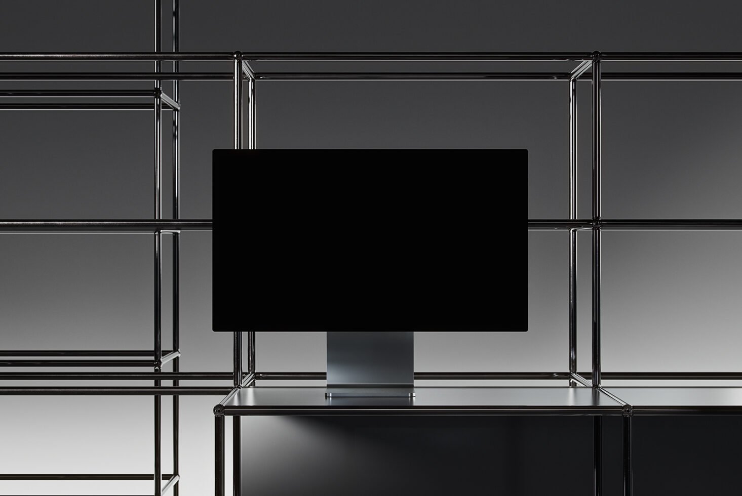 Minimalist mockup featuring a sleek monitor on a metal frame background perfect for showcasing digital designs suitable for graphic designers and creatives.