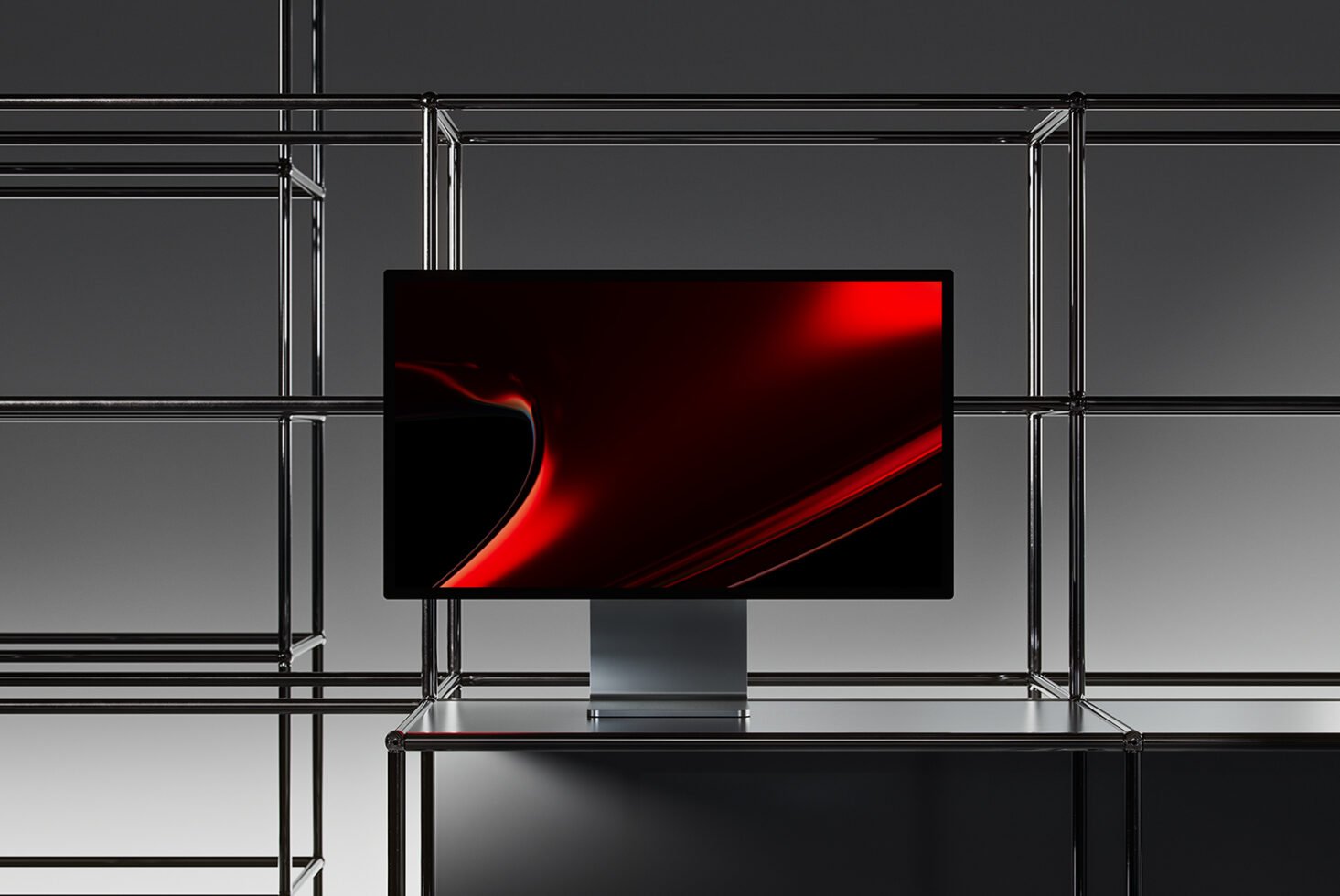 Minimalist computer monitor mockup with a sleek red abstract background framed by modern metal scaffolding ideal for graphic designers and templates.