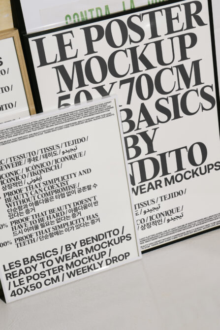 Poster mockups displayed in frames with bold typography. Ideal for showcasing design projects. Perfect for designers seeking modern print templates.