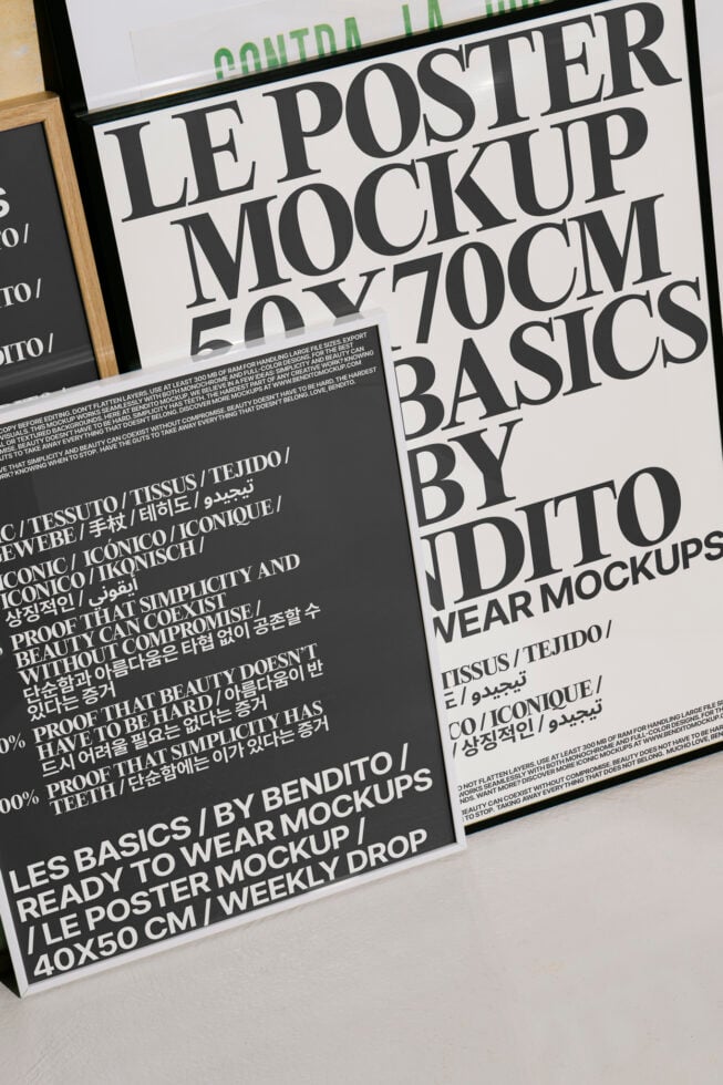 This image shows a set of poster mockups featuring bold typography in various languages. Ideal for designers looking for versatile minimalistic graphics.