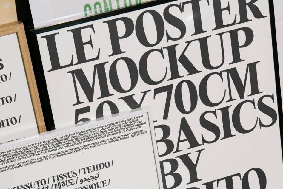 Poster mockup with bold typography in 50x70cm size showcasing minimalist design. Ideal for graphic designers seeking high-quality presentation templates.