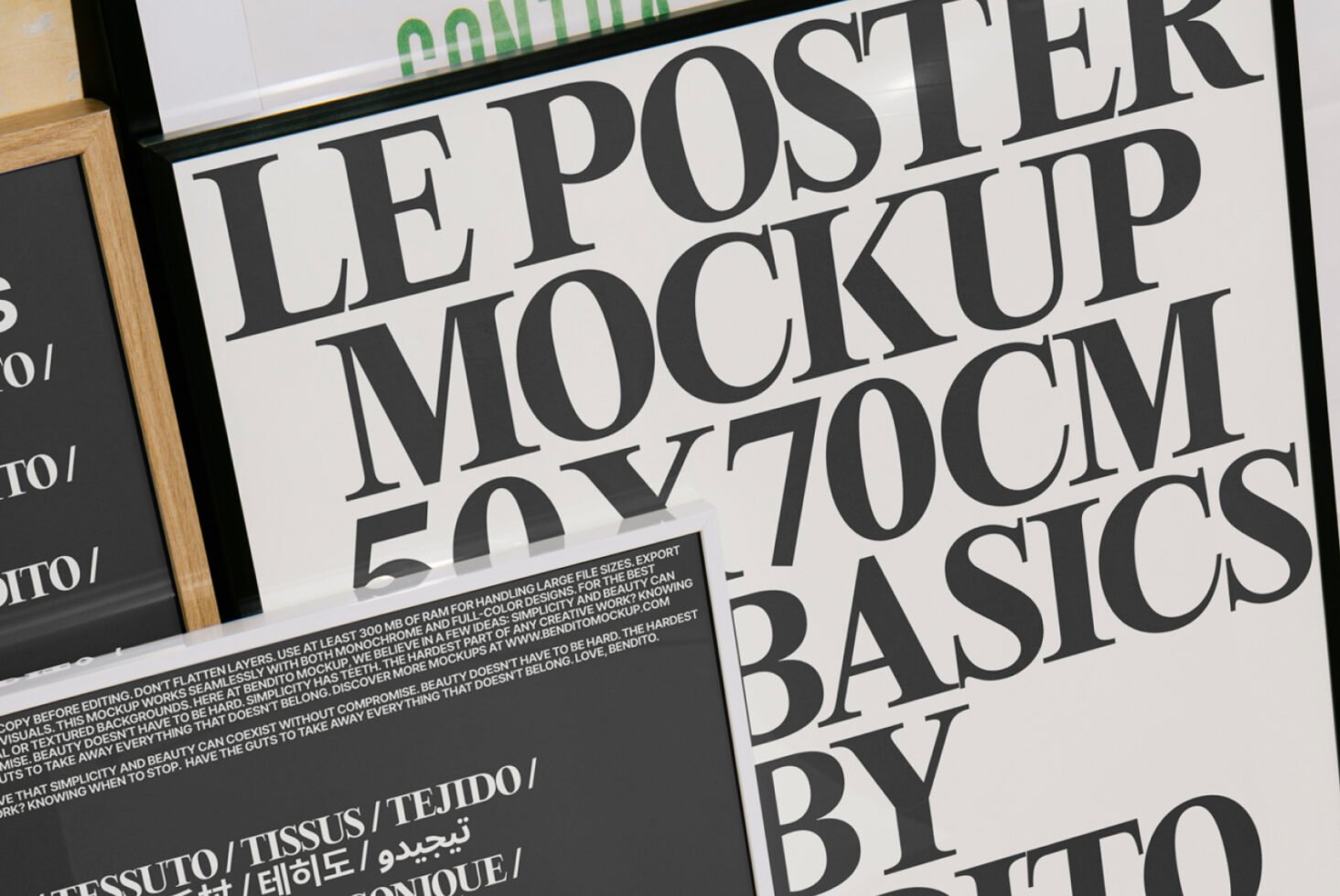 Poster mockup design showing bold typography on a white background with multiple languages. Ideal for showcasing fonts and graphic templates.