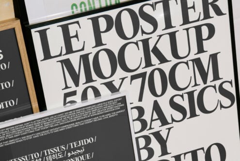 Poster mockup design showing bold typography on a white background with multiple languages. Ideal for showcasing fonts and graphic templates.
