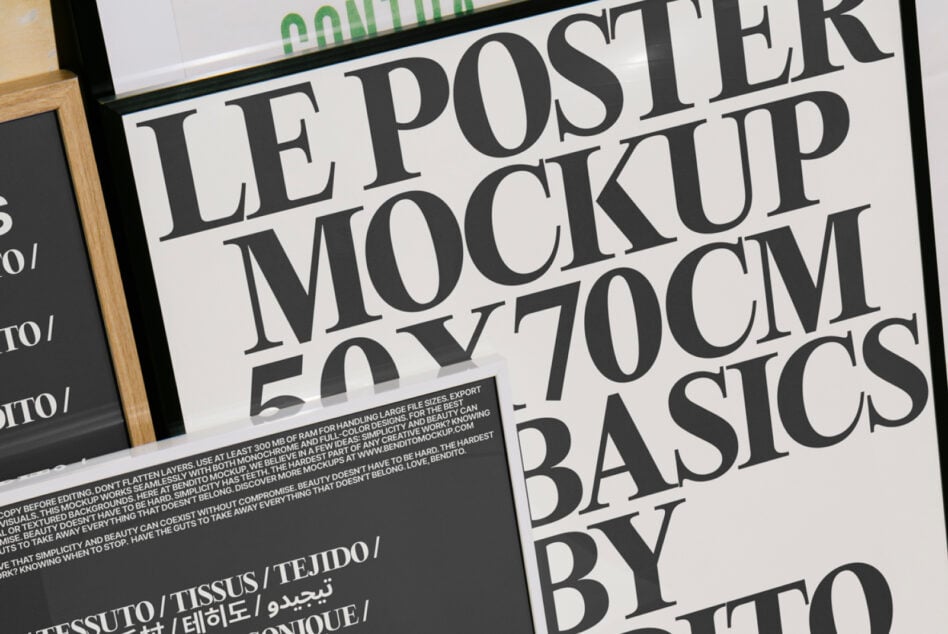 Poster mockup design showing bold typography on a white background with multiple languages. Ideal for showcasing fonts and graphic templates.