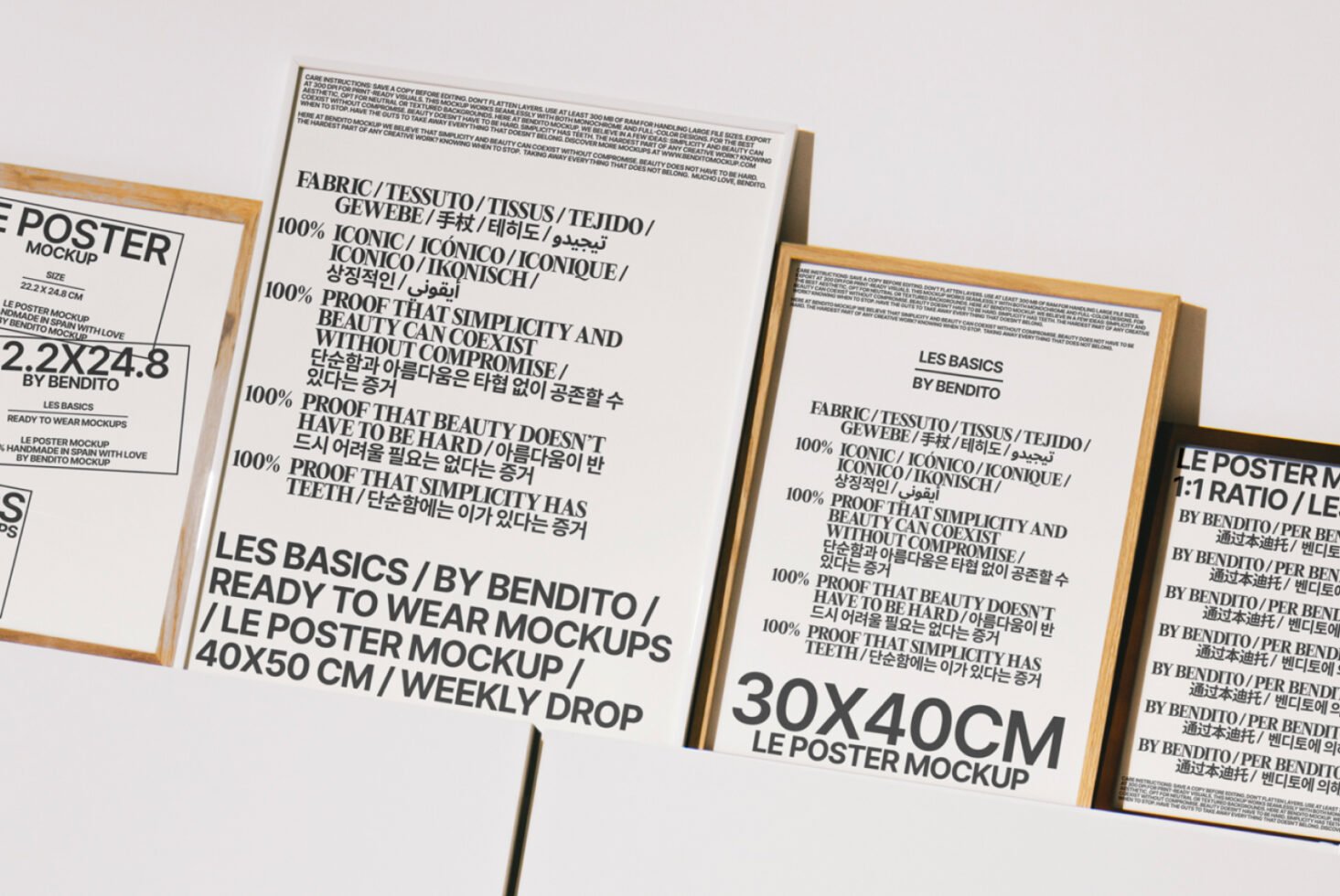 Poster mockup templates by Bendito in various sizes showcasing multilingual typography appealing to designers seeking customizable design assets.