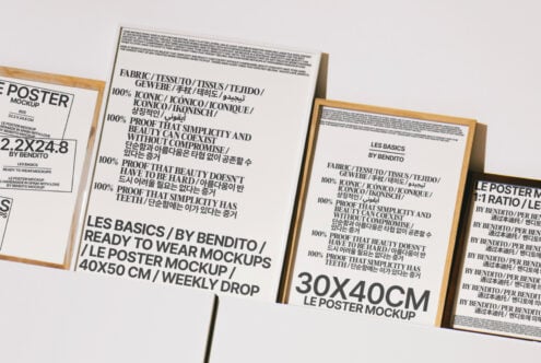 Poster mockup templates by Bendito in various sizes showcasing multilingual typography appealing to designers seeking customizable design assets.