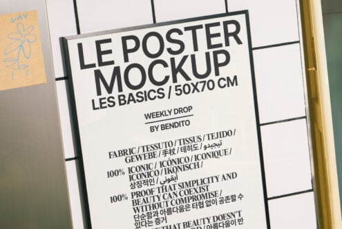 Mockup of a large poster placed against a tiled wall showcasing bold typography and multilingual text ideal for design presentations and branding projects.