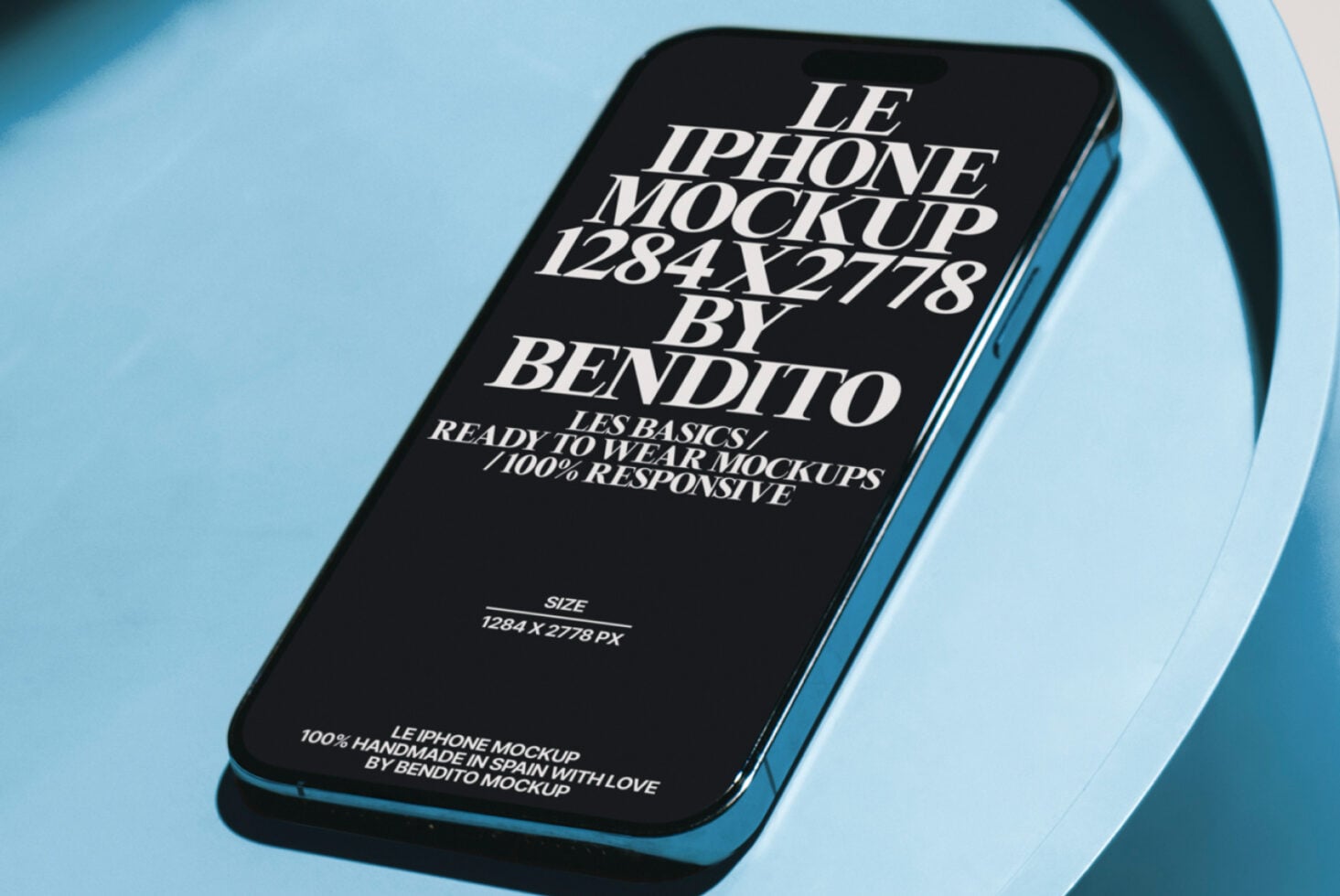 Blue iPhone with black screen displaying white serif typography mockup