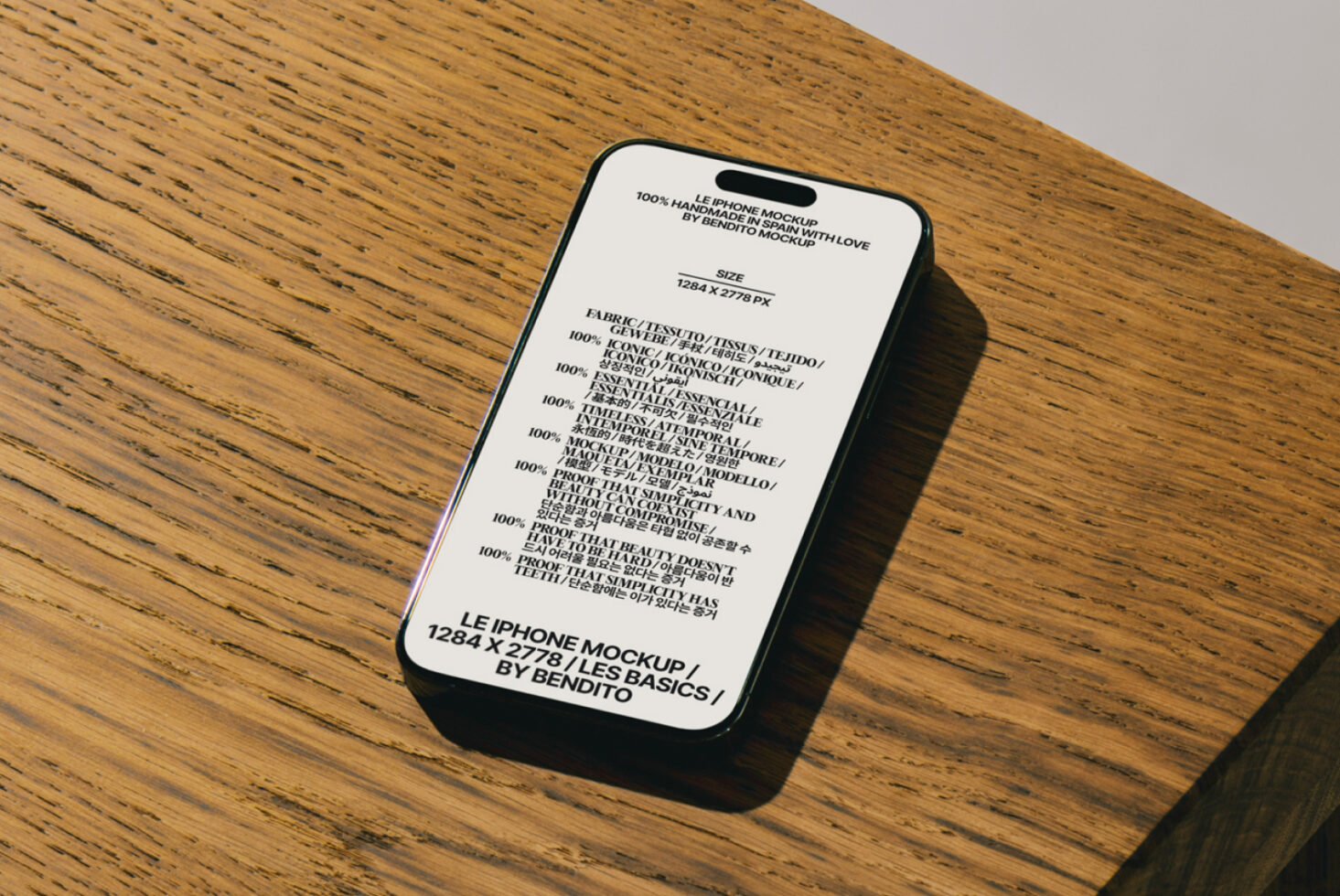 iPhone mockup on wooden surface displaying text. Ideal for designers seeking digital templates. Keywords: iPhone mockup design template graphic.