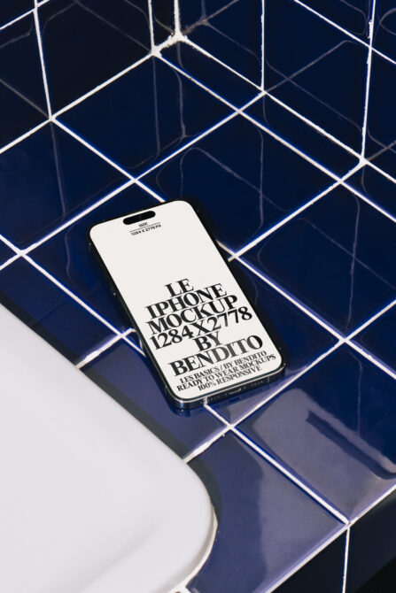 iPhone mockup with light screen on blue neon tile background