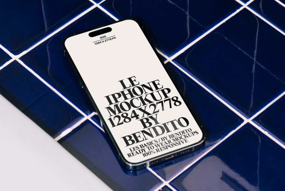 iPhone mockup with light screen on blue neon tile, angled view