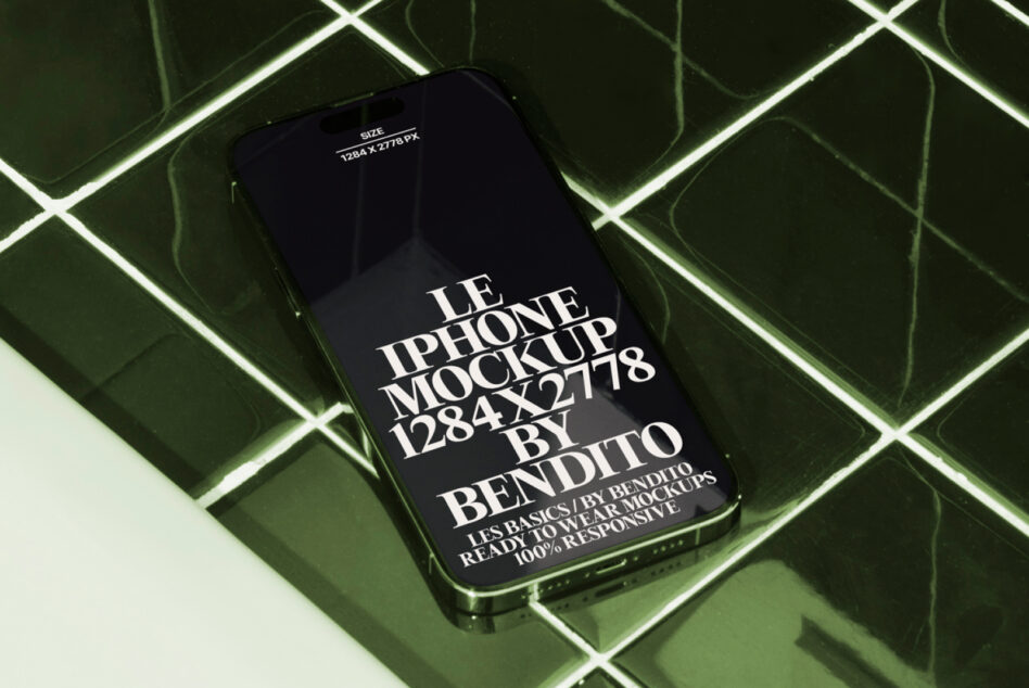iPhone mockup with dark screen on green neon tile, angled view